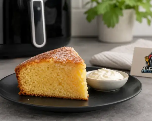 Ein saftiges Stück Kuchen im Airfryer, serviert mit Sahne. Perfekt für süße Momente!