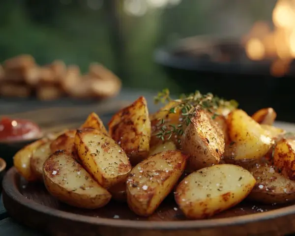Knusprige Kartoffelspalten aus dem Ofen, garniert mit frischen Kräutern, bereit zum Dippen.