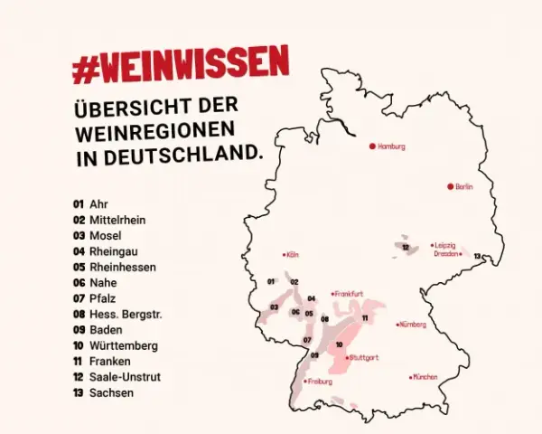 Karte Deutschlands mit hervorgehobenen wein anbaugebieten und deren Nummerierung. #Weinwissen für Genießer.