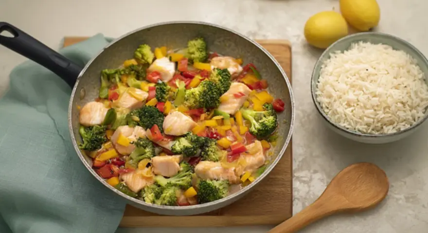 Leckeres Fischpfanne Rezept mit Lachs, Brokkoli und Paprika. Dazu eine Schüssel Reis.