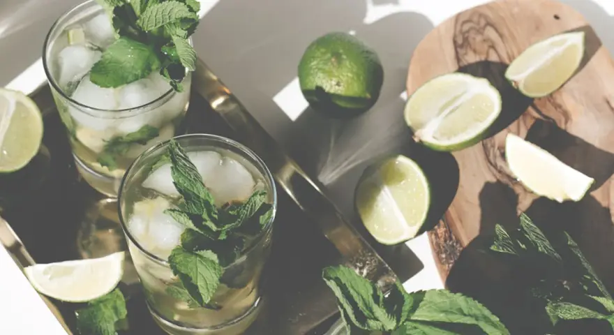Erfrischendes Mojito Rezept: Gläser mit Eis, Minze und Limettenspalten auf einem Tablett. Frische Limetten und Minze liegen daneben.