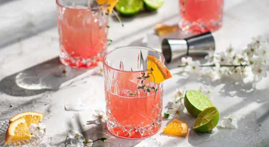Erfrischende Sommer-Gin-Rezepte: Rosa Cocktails mit Orange und Limette, garniert mit Kräutern und Blüten. Perfekt für warme Tage.