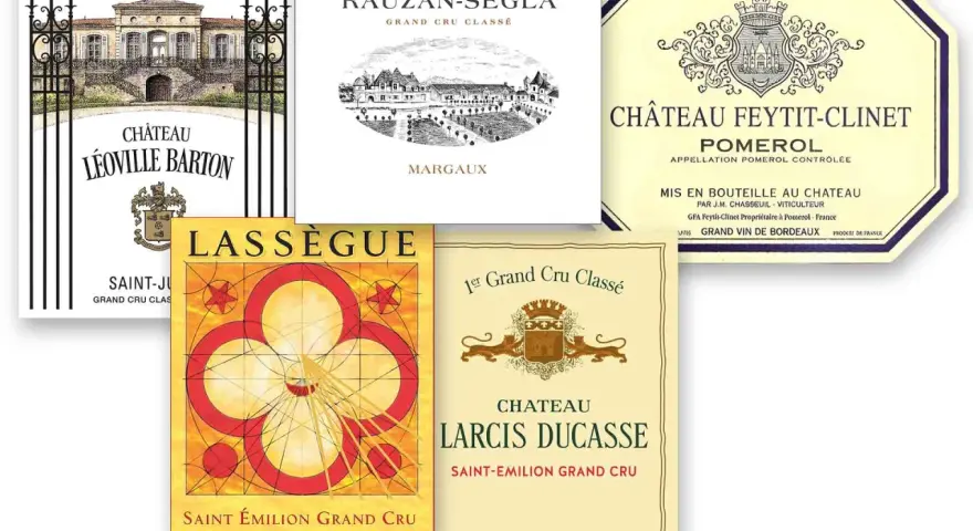 Etiketten von Bordeaux-Weinen, darunter Château Léoville Barton, Rauzan-Ségla und Feytit-Clinet, alle als Grand Cru Classé ausgezeichnet.