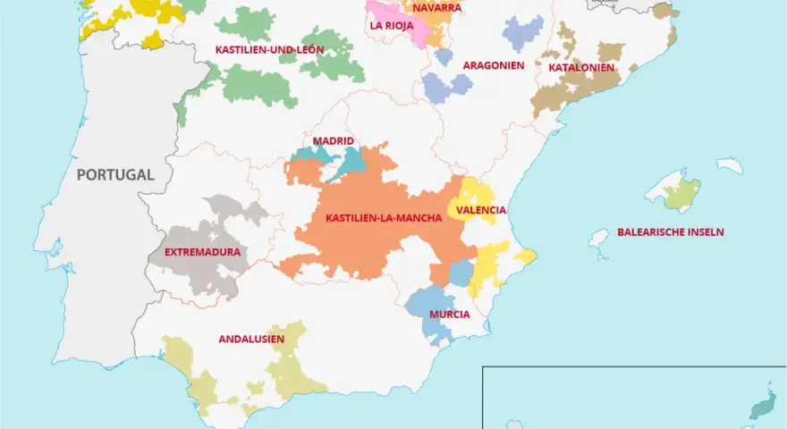 Karte der spanischen weinanbaugebiete: Galicien, Kastilien-La Mancha, Rioja, Katalonien und mehr.