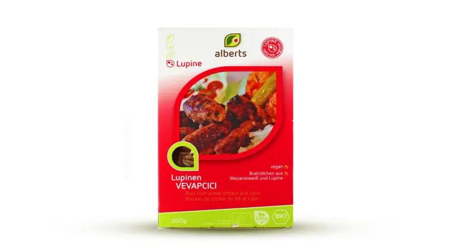 Alberts Lupinen Vevapcici: vegane Bratröllchen aus Weizeneiweiß und Lupine. Hier sind Lupine enthalten.