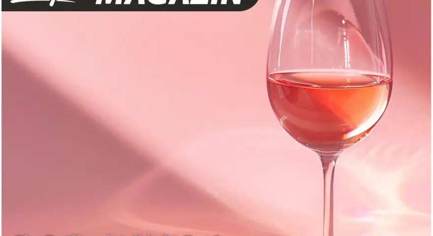 Ein Glas Rotling, dessen Herstellung oft mit der von Rosé verglichen wird, steht vor einem rosafarbenen Hintergrund.