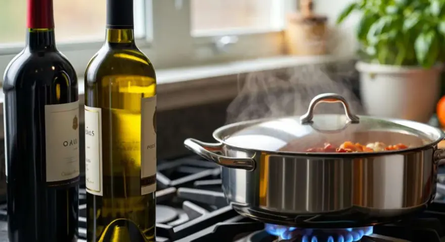 Zwei Flaschen Wein, rot und weiß, stehen neben einem Topf, in dem etwas auf dem Herd köchelt. Die Frage: welcher Wein zum Kochen?