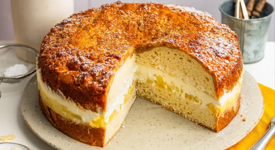 Ein köstlicher Kuchen mit cremiger Füllung und Mandeldecke, inspiriert von Landfrauen Kuchen Rezepten.