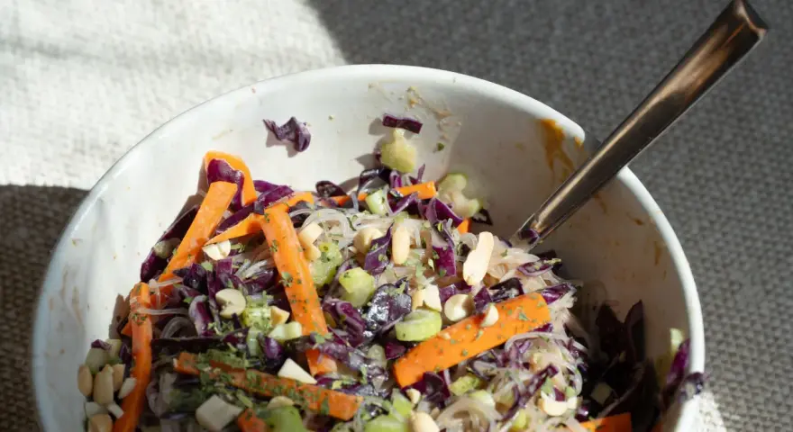 Frischer Glasnudelsalat mit Karotten, Rotkohl und Erdnüssen. Ein leichtes und gesundes Rezept.