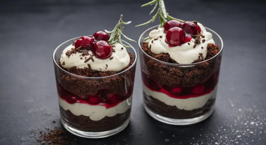 Zwei Gläser mit einem schnellen Dessert mit Kirschen: Schokoladenkuchen, Creme und Kirschen, garniert mit frischen Kirschen und Rosmarin.