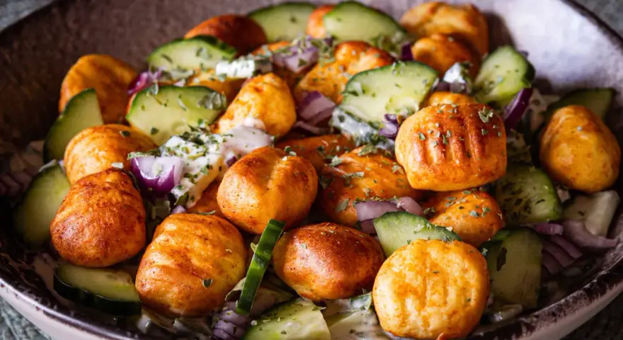 Leckerer Gnocchi-Salat mit Gurken, roten Zwiebeln und Kräutern. Perfekt für leichte Gnocchi Salat Rezepte.