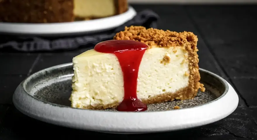 Ein Stück cremiger American Cheesecake mit Keksboden und roter Fruchtsauce. Perfekt für Ihr American Cheesecake Rezept!