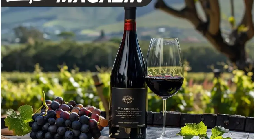 Rotwein Cuvée: Eine Flasche und ein Glas Rotwein stehen neben frischen Trauben. Ist diese Cuvée gut oder schlecht? Die Weinprobe wird es zeigen.