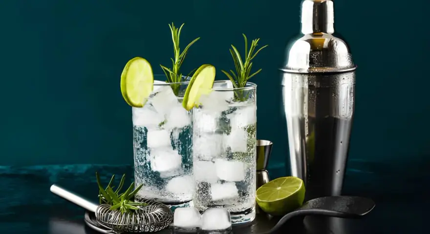 Zwei erfrischende Gin-Tonic-Getränke mit Limettenscheiben und Rosmarin. Perfekt, um zu zeigen, was man mit Gin mischen kann.