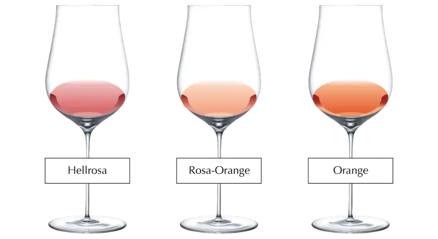 Drei Gläser zeigen den Unterschied zwischen Hellrosa, Rosa-Orange und Orange.