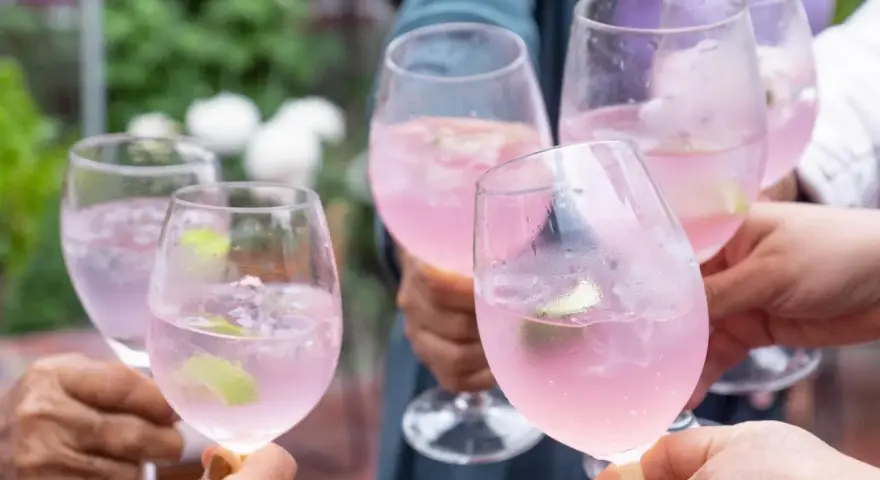 Hände stoßen mit rosafarbenen Sarto Spritz-Cocktails mit Limette und Eis an.