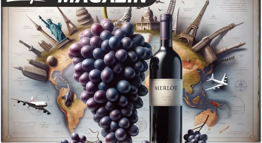 Eine Flasche Merlot-Wein neben einer Traube, vor einer Weltkarte mit Wahrzeichen. Die Traube symbolisiert die globale Reise des Merlot.
