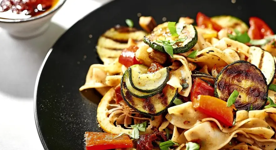 Ein bunter Nudelsalat mit gegrilltem Gemüse, Tomaten und Kräutern. Dazu passen Oliven perfekt.