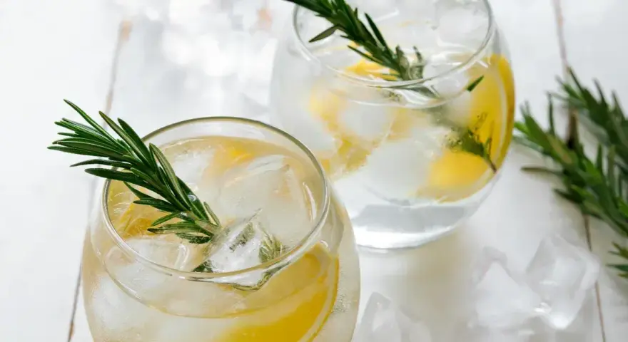 Zwei erfrischende Gin mit Zitrone und Rosmarin, serviert mit Eiswürfeln auf weißem Holz.