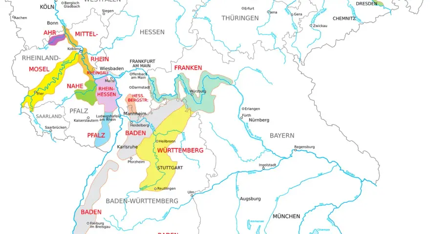 Karte zeigt die deutschen Wein-Anbaugebiete wie Mosel, Rhein, Franken und Baden-Württemberg.