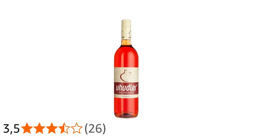 Flasche mit rosafarbenem Uhudler Wein, "Das Original" steht auf dem Etikett.