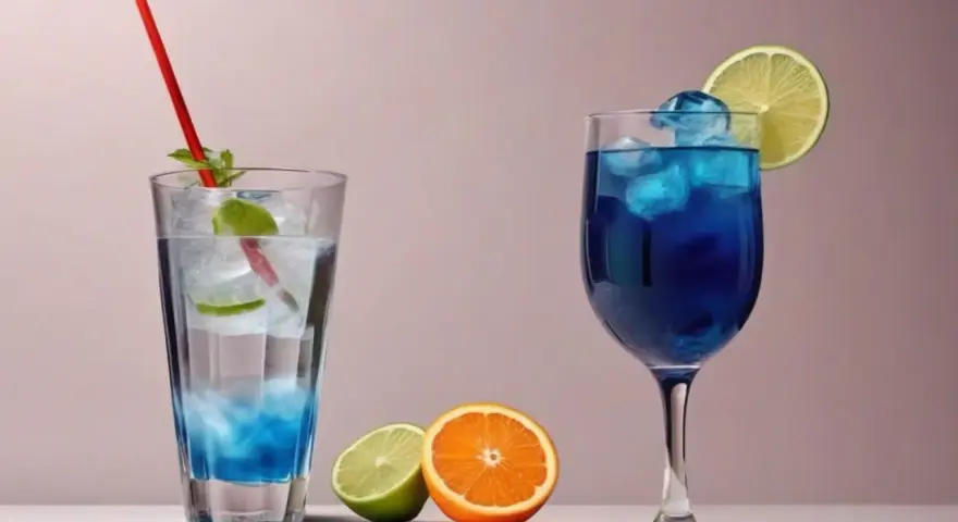 Zwei erfrischende Cocktails, einer blau, der andere klar mit blauen Akzenten, stehen neben frischen Früchten. Die Cocktail Bedeutung liegt im Genuss.