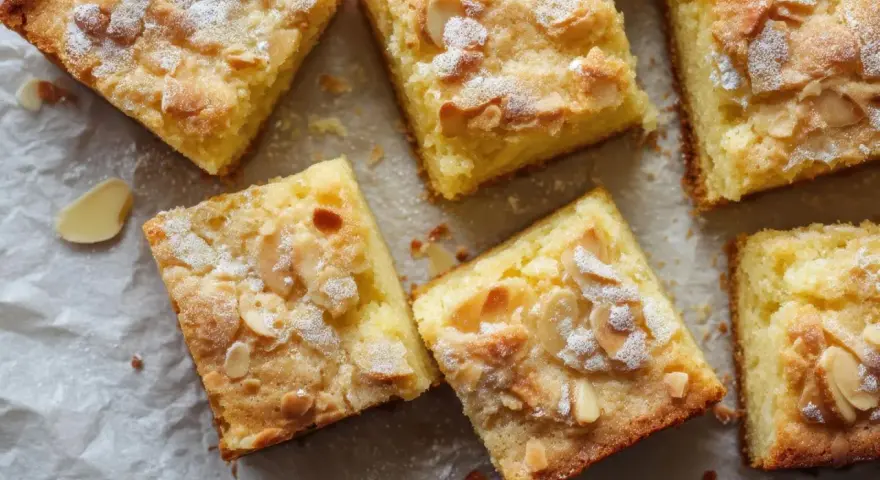 Saftiger Buttermilch Kuchen mit Mandelblättchen und Puderzucker bestreut, auf Backpapier arrangiert.