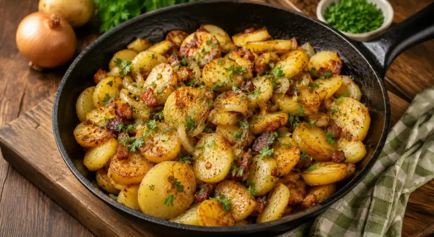 Knusprige Bratkartoffeln mit Speck und Zwiebeln in einer Gusseisenpfanne, garniert mit Petersilie. Ein Klassiker, der einfach unwiderstehlich ist.