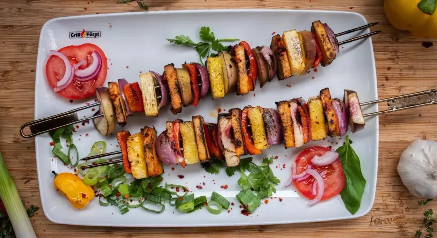 Zwei Spieße mit gegrilltem Gemüse und Tofu, perfekt für ausgefallene Grillrezepte. Bunt und lecker!