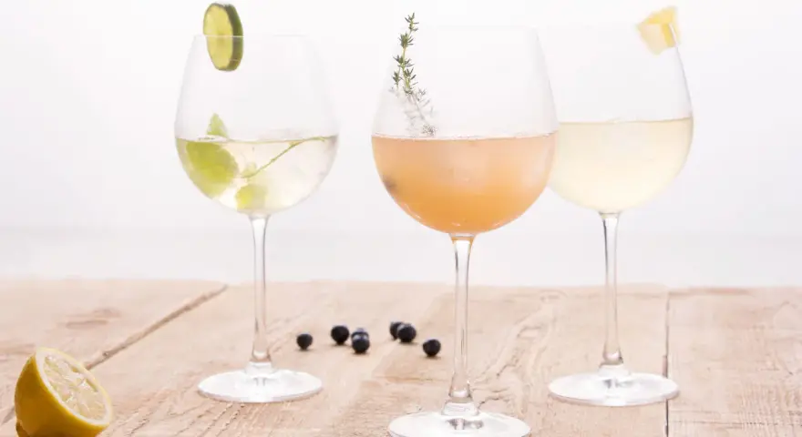 Drei elegante Gläser mit erfrischenden champagner cocktails, garniert mit Limette, Kräutern und Zitrone, stehen auf einem Holztisch.