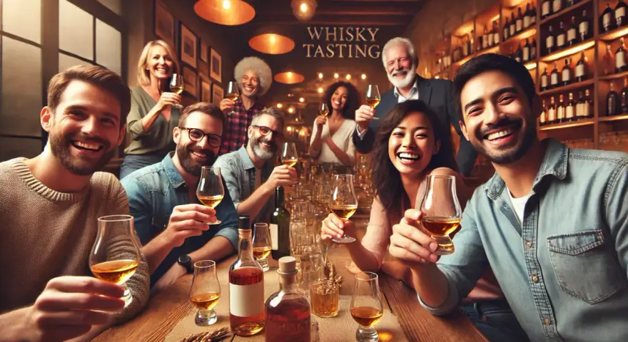 Fröhliche Menschen genießen eine Whisky-Verkostung. Sie halten Gläser mit bernsteinfarbener Flüssigkeit und lächeln. Man fragt sich, wie schmeckt whiskey?