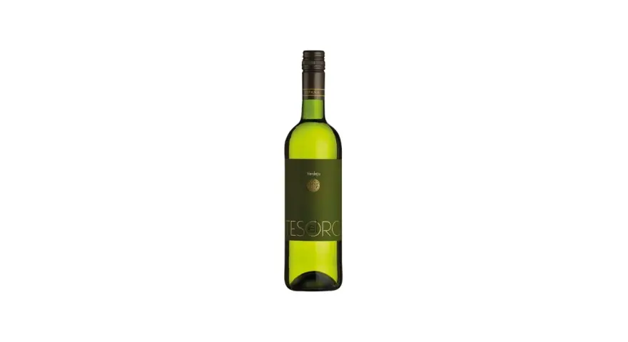 Grüne Flasche mit dunklem Etikett, darauf "Verdejo" und "TESORO". Ein spanischer Weißwein, der an deutsche Rieslinge erinnert.