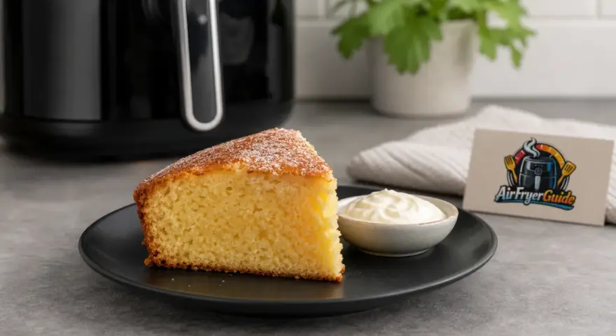 Ein saftiges Stück Kuchen im Airfryer, serviert mit Sahne. Perfekt für süße Momente!