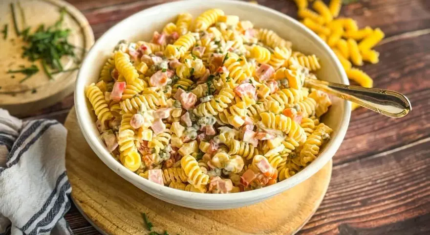 Ein cremiger Nudelsalat mit Schinken und Erbsen, ein Klassiker der klassischen Salate, serviert in einer weißen Schüssel auf einem Holztisch.