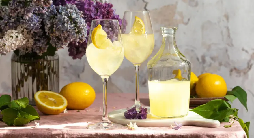 Zwei Gläser mit Eis und Zitronenscheiben, eine Flasche Limoncello und frische Zitronen auf einem rosafarbenen Tischtuch. Ein Hauch von Frühling mit Flieder.