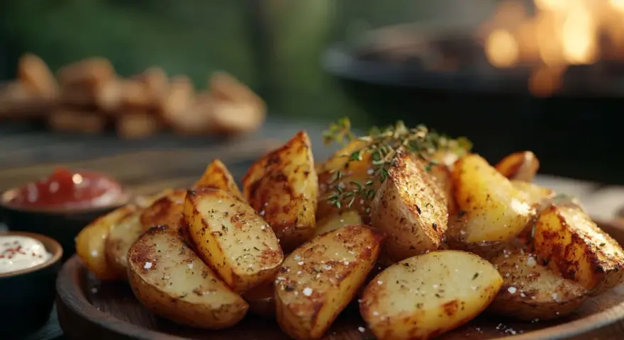 Knusprige Kartoffelspalten aus dem Ofen, garniert mit frischen Kräutern, bereit zum Dippen.