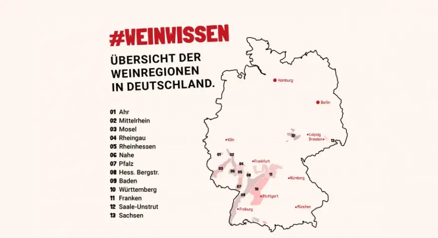 Karte Deutschlands mit hervorgehobenen wein anbaugebieten und deren Nummerierung. #Weinwissen für Genießer.