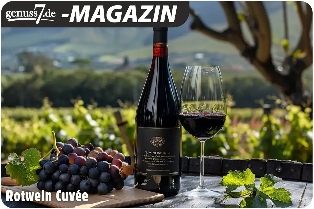 Ein Glas Rotwein neben einer Flasche und frischen Trauben. Dieser Rotwein ist ein Cuv&eacute;e aus mehreren Rebsorten, perfekt f&uuml;r Genie&szlig;er.