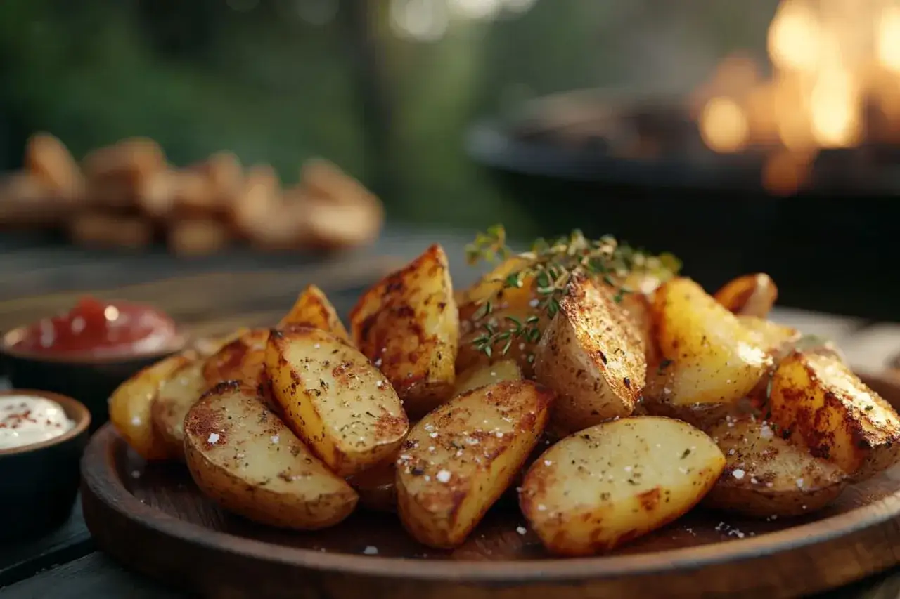 Knusprige Kartoffelspalten aus dem Ofen, garniert mit frischen Kr&auml;utern, bereit zum Dippen.