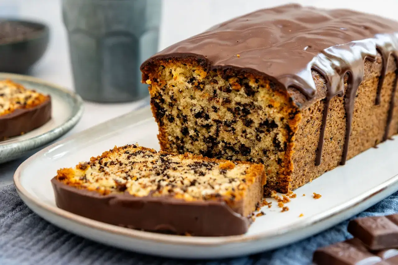 Ein saftiger Stracciatella Kuchen mit Schokoladenglasur und zarten Schokost&uuml;ckchen im Teig. Ein St&uuml;ck ist bereits angeschnitten.