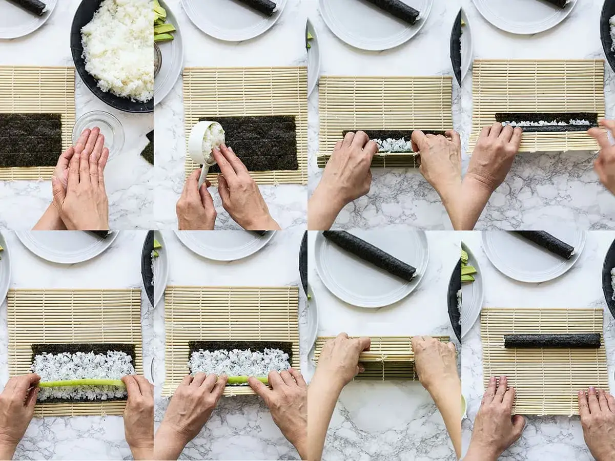 Schritt-f&uuml;r-Schritt-Anleitung, wie man Sushi selber machen kann: Reis auf Nori verteilen, f&uuml;llen und rollen.