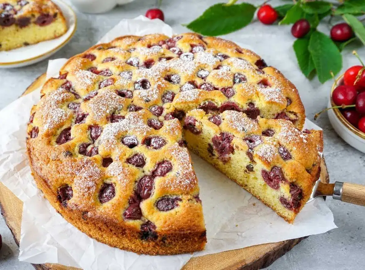 Ein saftiger, sommerlicher Kuchen mit Kirschen, best&auml;ubt mit Puderzucker. Ein St&uuml;ck wurde bereits herausgeschnitten.