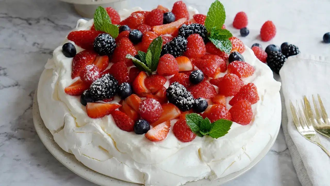 Eine luftige Baiser Torte, üppig belegt mit frischen Erdbeeren, Himbeeren, Brombeeren und Blaubeeren, garniert mit Minze.