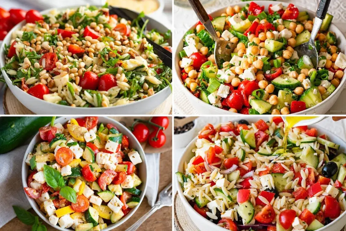 Vier bunte Salate mit Gemüse, Feta und Nudeln – schnelle Salate zum Grillen, inspiriert von Chefkoch. Perfekt für den Sommer!