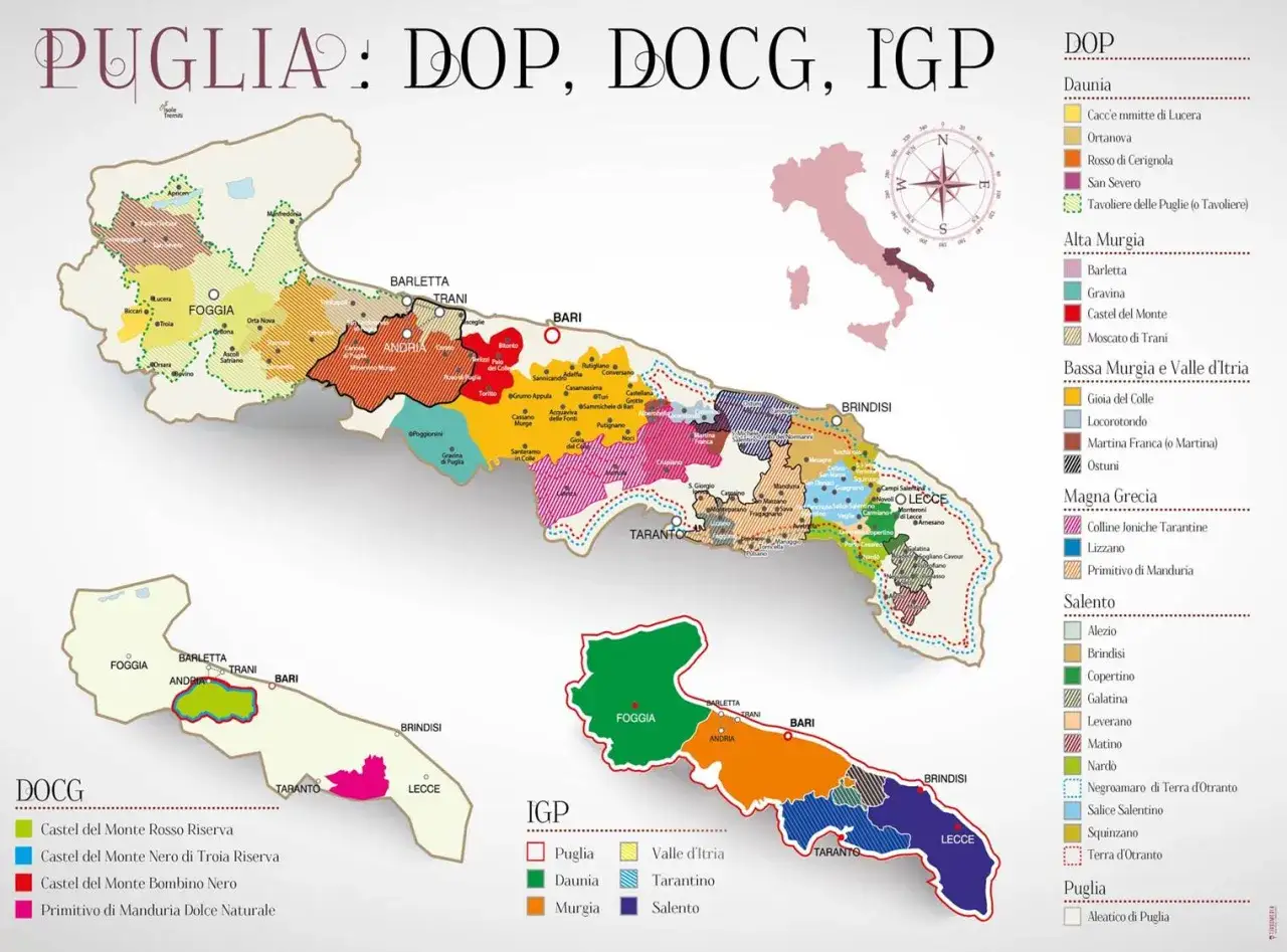 Karte der italienischen Rebsorten in Apulien: DOP, DOCG, IGP. Zeigt Weinanbaugebiete und deren Klassifizierungen.