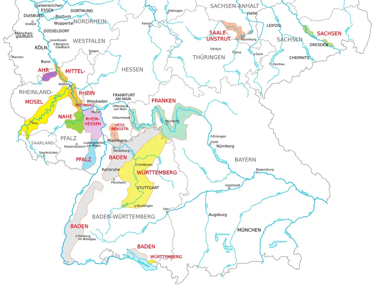 Karte zeigt deutsche Wein-Anbaugebiete: Mosel, Rhein, Pfalz, Baden, W&uuml;rttemberg, Franken, Sachsen.