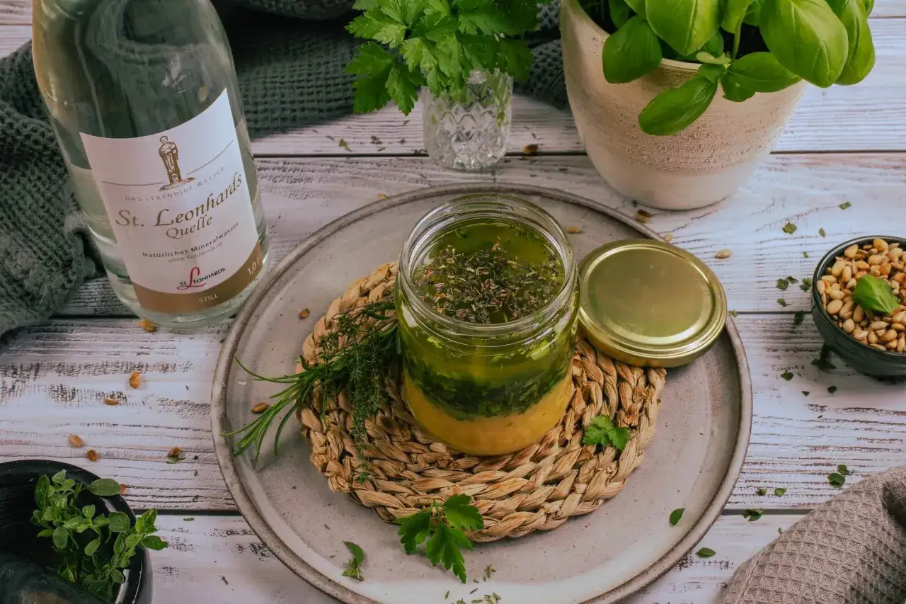 Frische Kr&auml;uter und ein Glas hausgemachtes Dressing &ndash; tolle dressing ideen f&uuml;r Salate.