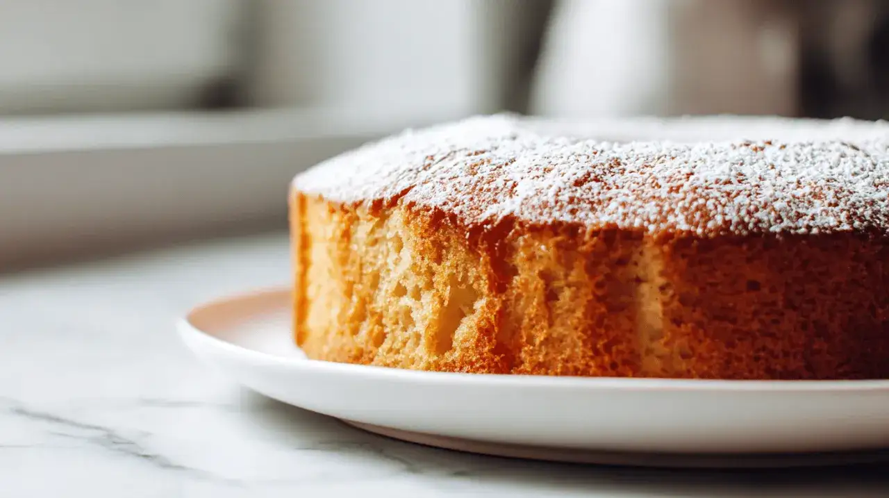 Ein goldbrauner Kuchen mit Puderzucker best&auml;ubt, frisch aus dem Airfryer. Perfekt f&uuml;r den Kaffeetisch.