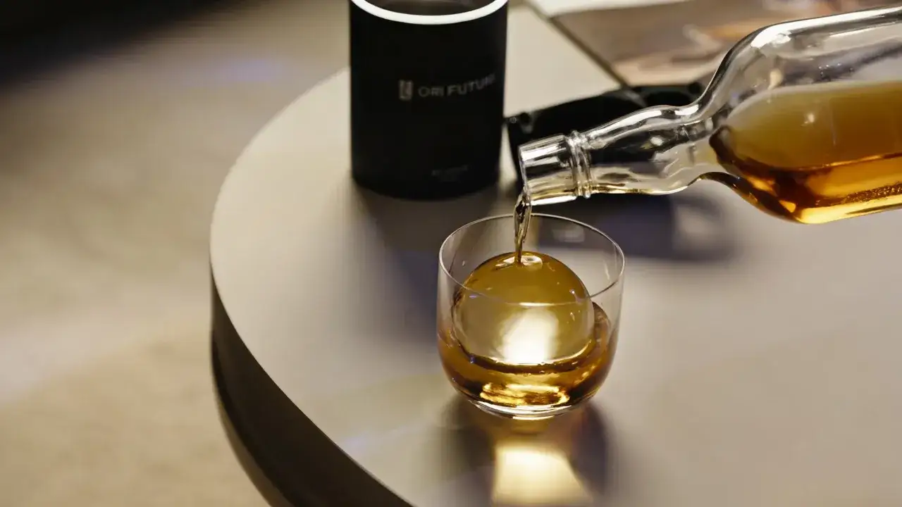 Bernsteinbrauner Whisky flie&szlig;t aus einer Flasche in ein Glas mit einer gro&szlig;en Eiskugel. So trinkt man Whisky stilvoll.