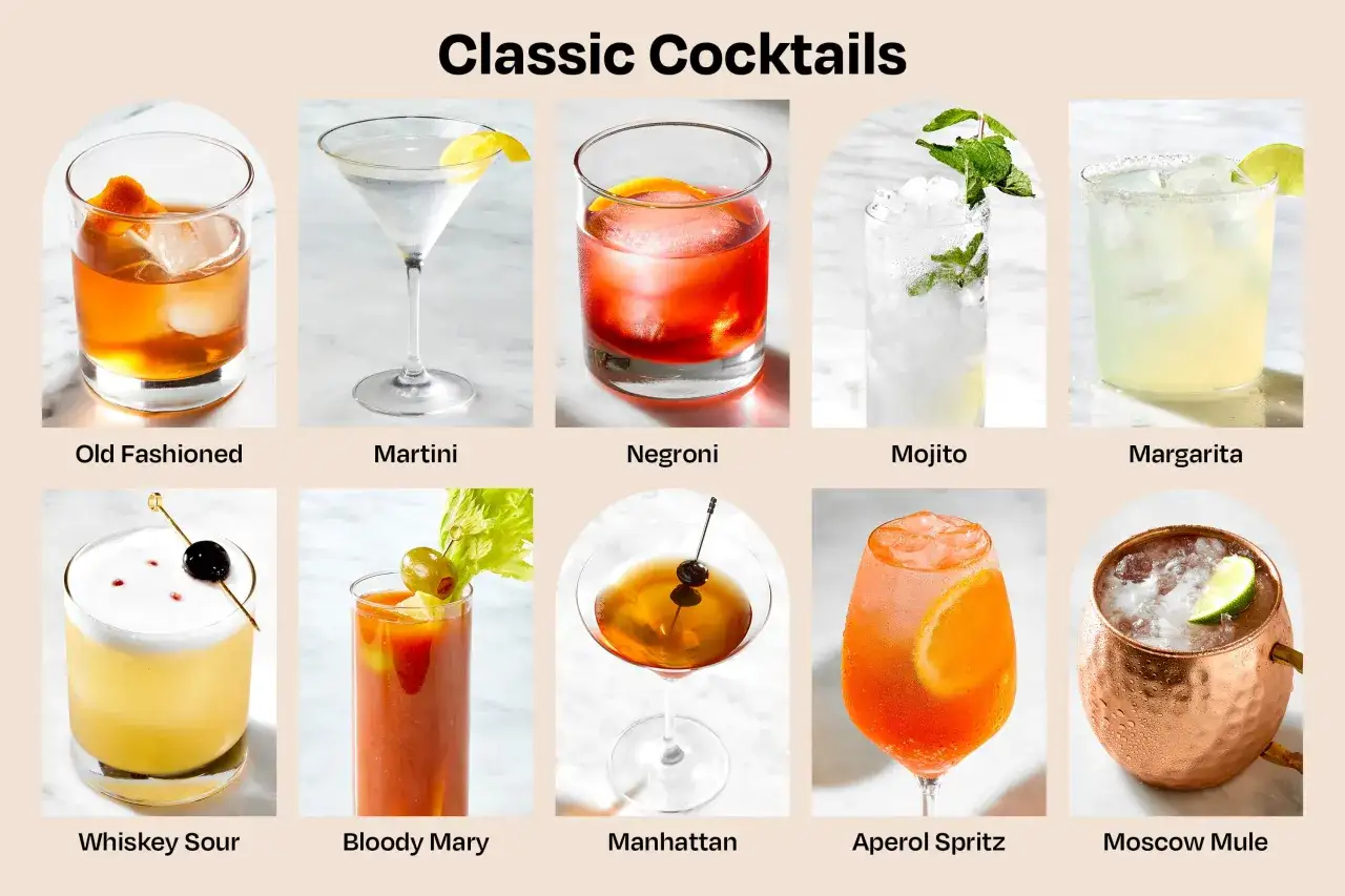 Eine Auswahl der besten Longdrinks: Old Fashioned, Martini, Negroni, Mojito, Margarita, Whiskey Sour, Bloody Mary, Manhattan, Aperol Spritz, Moscow Mule.